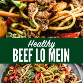 a collage of two photos of healthy beef lo mein