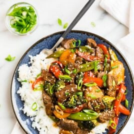 A plate with Teriyaki Beef Stir Fry with Rice