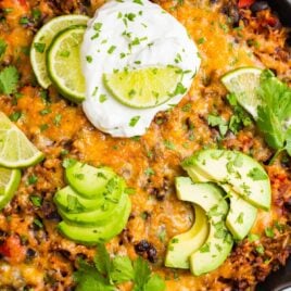 Cheesy beef taco skillet in a cast iron pan