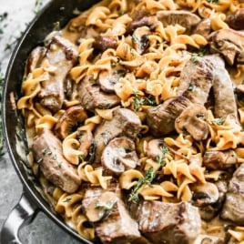 a pan of creamy beef stroganoff made without cream of mushroom