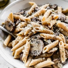 Healthy mushroom pasta in a large bowl