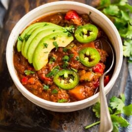 A white bowl with Whole30 chili