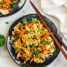 Chicken and cabbage stir fry on a plate