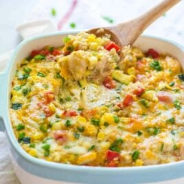 Cheesy Corn Chicken Quinoa Casserole — A lightened up, healthy corn bake made with simple, REAL ingredients. EASY recipe that our whole family loves. High protein and no canned soups! @wellplated