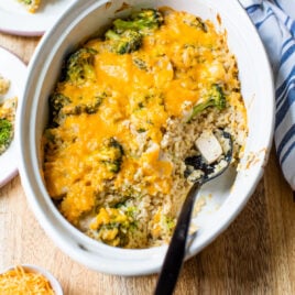 Chicken broccoli rice casserole in a baking dish