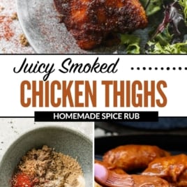 collage of juicy smoked chicken thighs