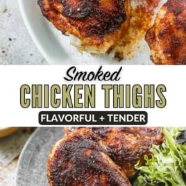 collage photo of smoked chicken thighs