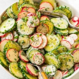 Healthy Creamy Cucumber Salad with Greek yogurt, radish, and dill. A light, bright, and refreshing version of old-fashioned cucumber salad that’s perfect for summer potlucks and BBQs!