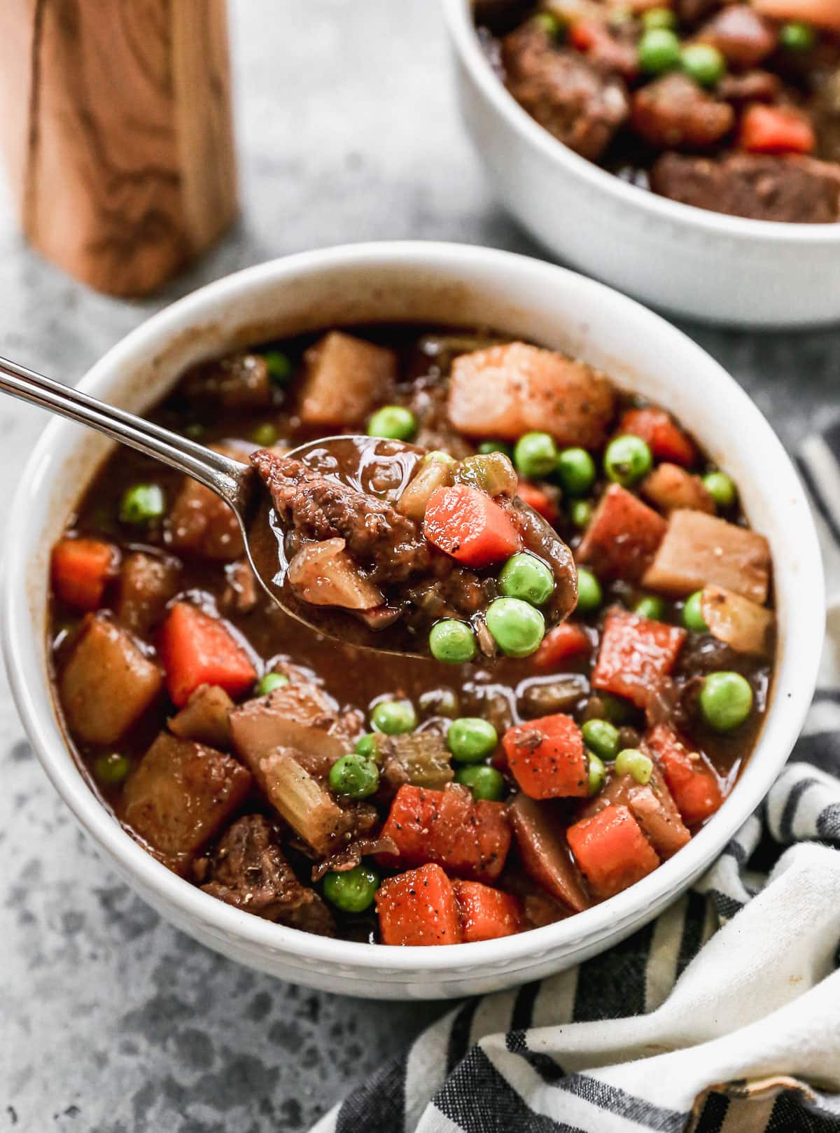 bowl of comforting old fashioned beef stew slow cooker