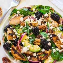 A bowl of balsamic chicken salad with blackberries and avocado