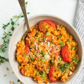 Farro Risotto with Tomatoes, basil, and Parmesan