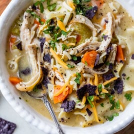 Easy Healthy Creamy Chicken Noodle Soup in a bowl with a spoon