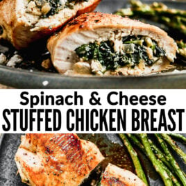 a collage of spinach and cheese stuffed chicken breast