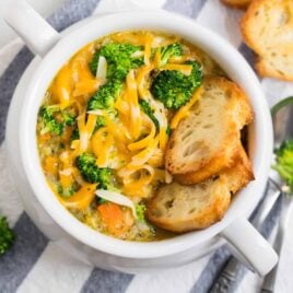 Healthy Instant Pot Broccoli Cheese Soup. Rich, creamy, and better than Panera! This easy pressure cooker soup recipe is ready in 30 minutes and is low carb, vegan friendly, and gluten free.