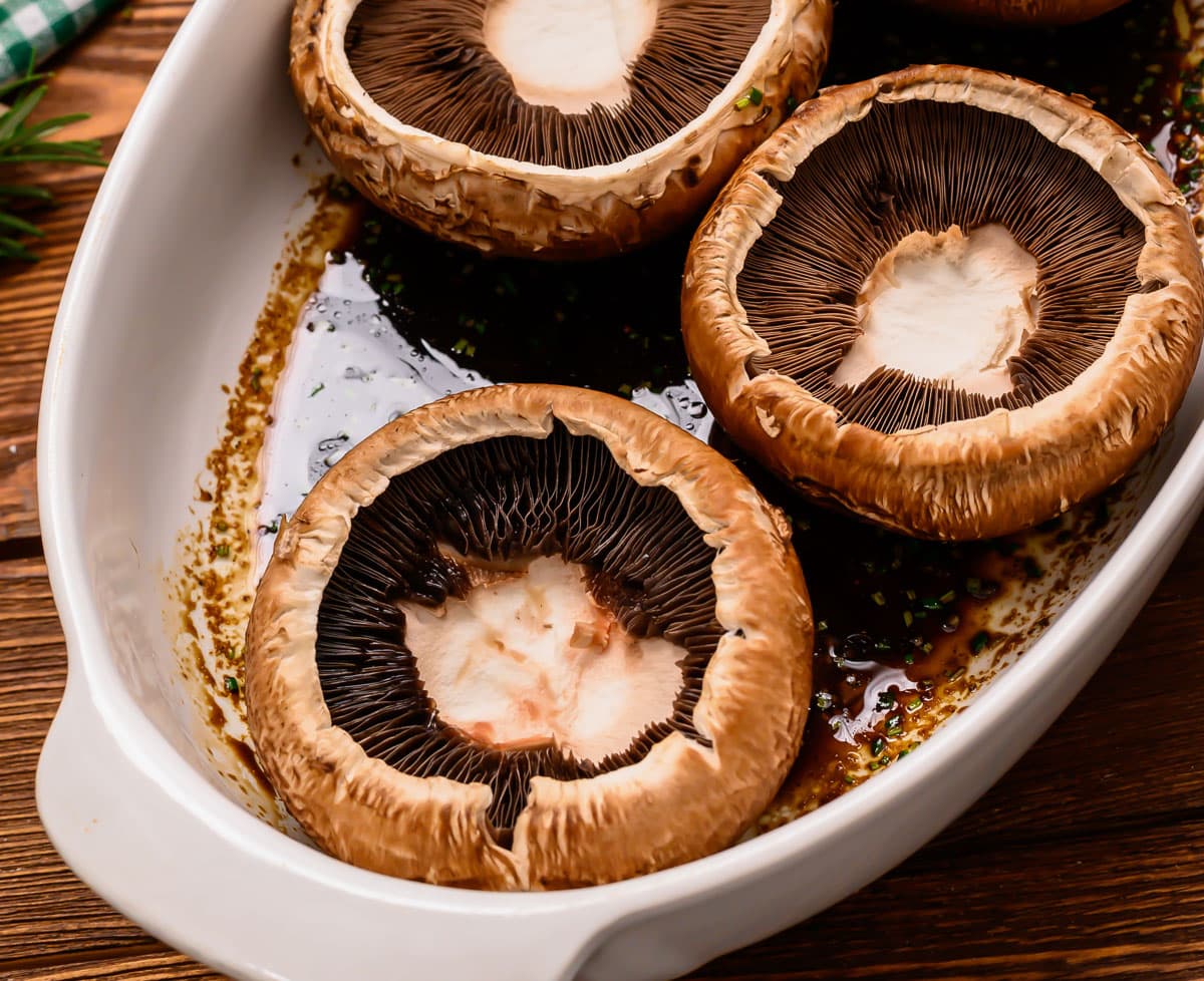 portobello mushrooms with soy balsamic sauce in dish