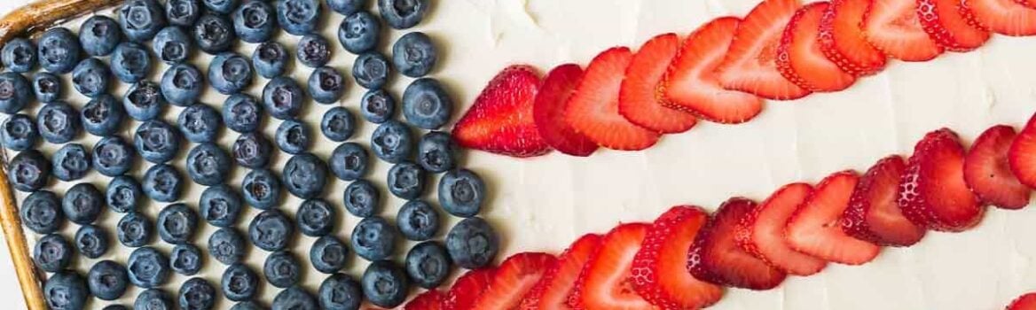 American Flag Cake. Made with REAL ingredients! From scratch fluffy yellow sheet cake, topped with Greek yogurt cream cheese frosting, fresh strawberry, and blueberry to look like an American flag. The perfect patriotic dessert recipe for the Fourth of July, Memorial Day, and Labor Day. Recipe at wellplated.com | @wellplated