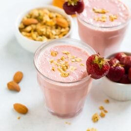 Healthy Strawberry Smoothie with almond milk, yogurt, and honey
