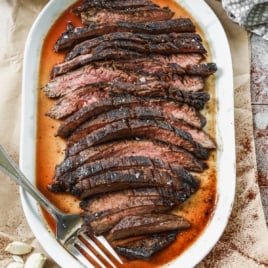flank steak marinated and grilled on a large plate