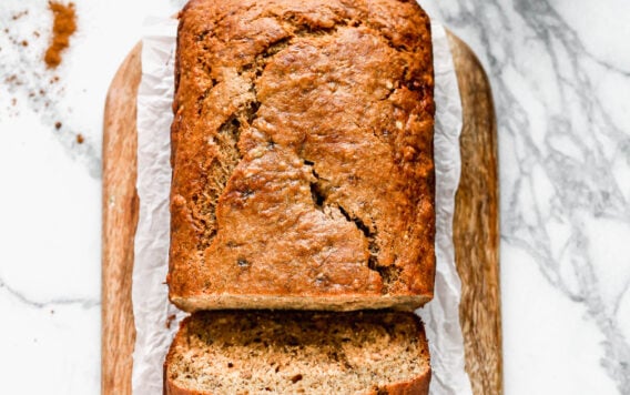 A loaf of healthy banana bread cut into slices