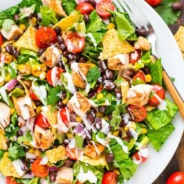 BBQ Chicken Salad recipe with creamy ranch dressing — Filling and flavorful! This healthy salad comes together quickly and is perfect for a summer meal. With juicy BBQ grilled chicken, crunchy tortilla chips, and lots of fresh veggies. @wellplated