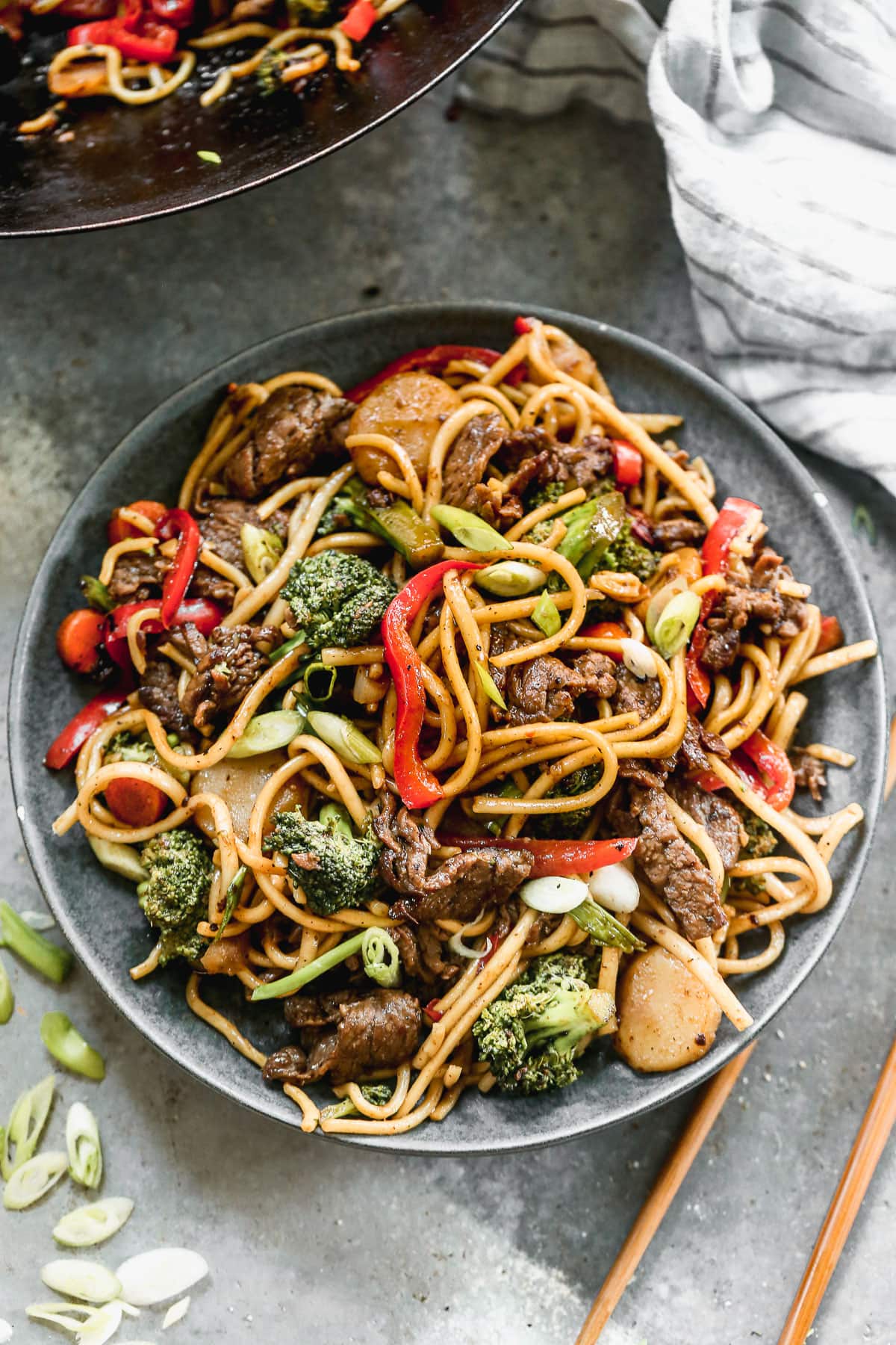 beef lo mein with noodles on a plate