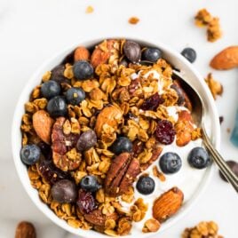 A bowl of the BEST gluten free granola that's make with good for you ingredients like gluten free oats, nuts, coconut, and chocolate chips