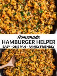 A collage of two photos of healthy homemade hamburger helper