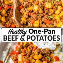 A collage of two photos of a healthy one pan ground beef and potatoes recipe