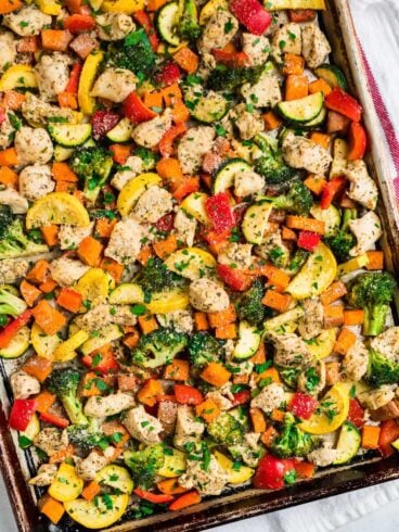 A sheet pan dinner with chicken and vegetables