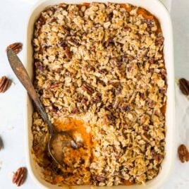 Healthy Sweet Potato Casserole with Oatmeal Topping. This will be your new favorite sweet potato recipe! Creamy, decadent, vegan, and gluten free!