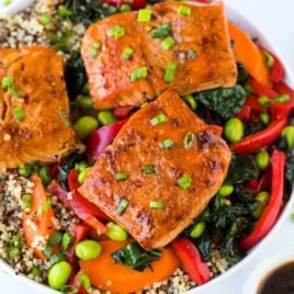 Teriyaki Salmon Quinoa Bowls with Kale. Easy, healthy, meal prep bowls with the best homemade Asian Teriyaki sauce!