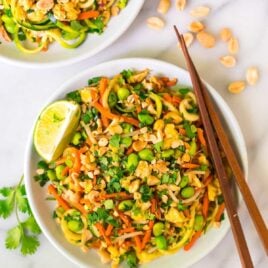 Easy Vegetarian Pad Thai with Zucchini Noodles. Full of protein and flavor, not too spicy, gluten free, and low carb! This fast and healthy one pot meal is perfect for busy families and weeknight dinner. Recipe at wellplated.com | @wellplated