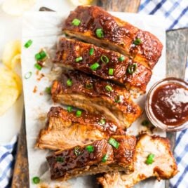 Instant pot ribs served on a wooden board