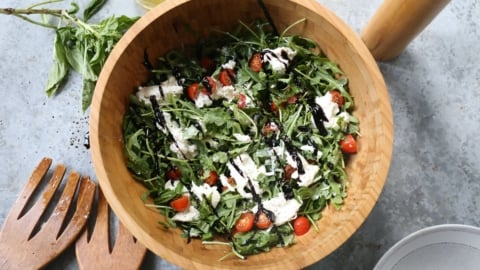 easy recipe for burrata salad in a large bowl