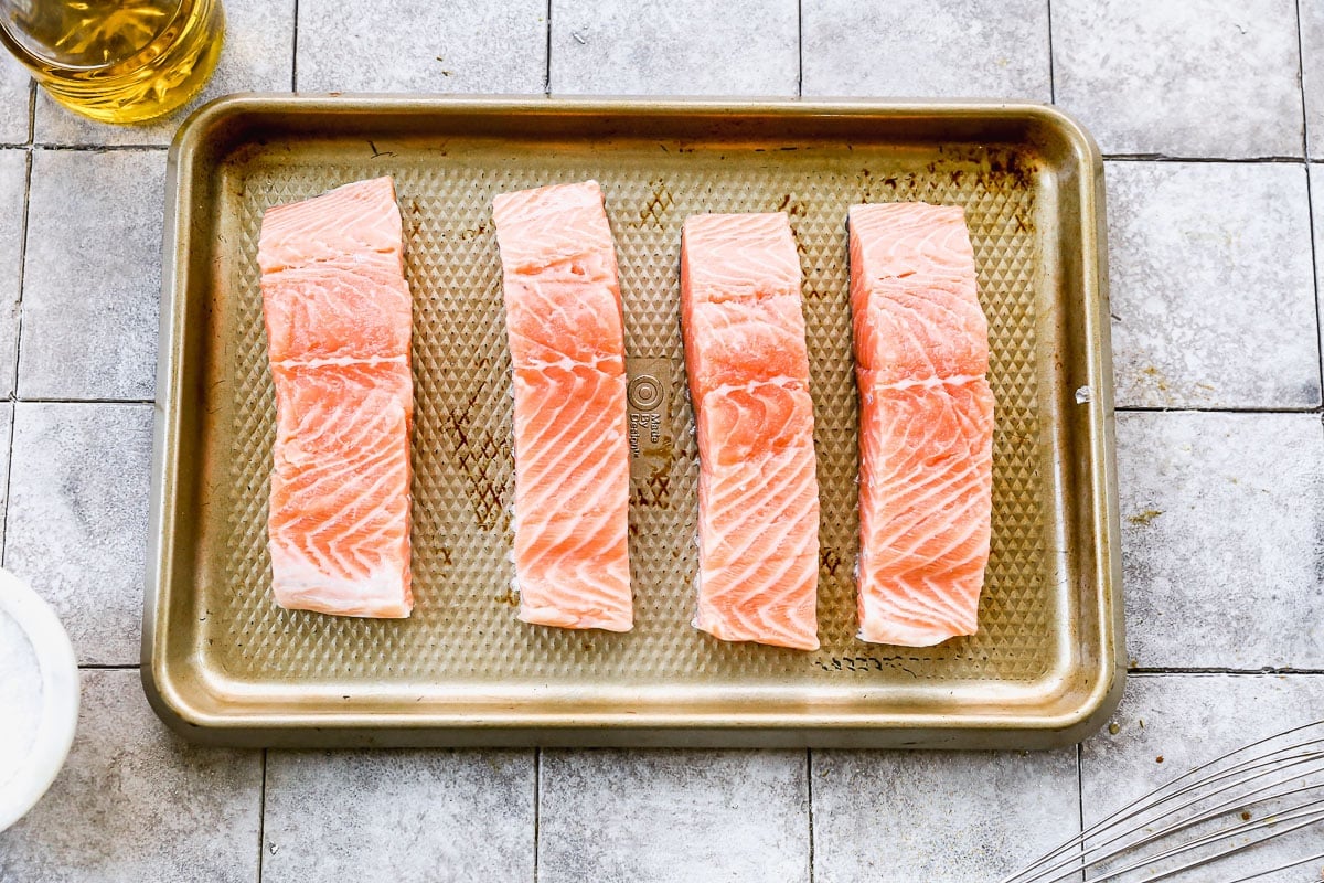 salmon on a baking sheet