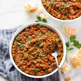 Instant Pot Lentil Soup - an easy, healthy recipe for French lentil soup made in the electric pressure cooker. So simple, hearty, and delicious! Gluten free, vegan, and freezer friendly. Recipe also includes stovetop method and tips to add ham or use red lentils or brown lentils instead. #healthy #soup #vegan