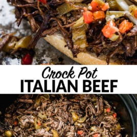a collage of two photos of crockpot Italian beef sandwiches
