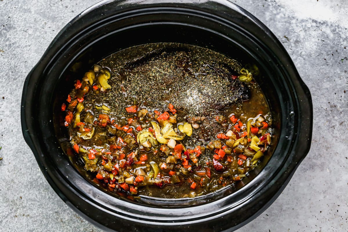 Vegetables and sauce in a crock pot