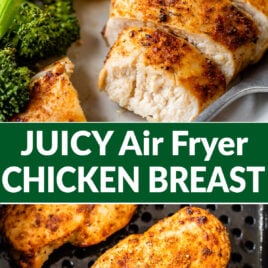 a collage with juicy air fryer chicken breast