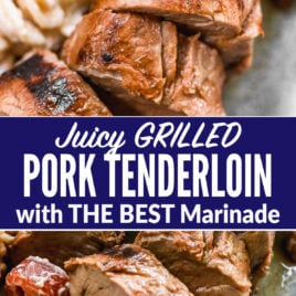 a collage of two photos of grilled pork tenderloin with the best marinade