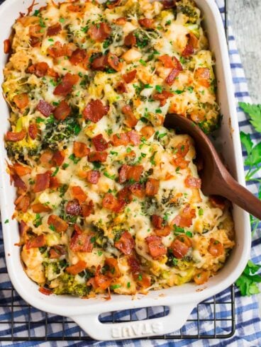 A dish with cheesy Chicken Bacon Ranch Casserole with rice and broccoli, made healthy ingredients