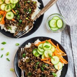 Healthy Korean beef bowl with vegetables on rice