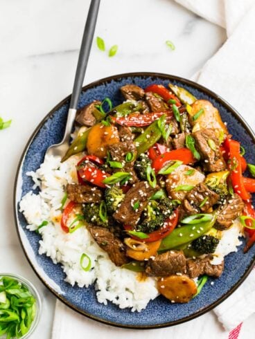 Teriyaki Beef Stir Fry topped with green onions
