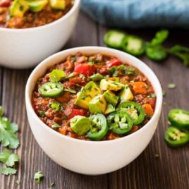 The BEST Paleo Chili, made quick and easy in the Instant Pot! With ground beef or turkey, sweet potato, no beans, and fresh veggies, this healthy chili recipe is Whole 30 and Paleo-compliant, low carb, and absolutely delicious! If you do not have an Instapot, recipe includes crockpot and stovetop method.