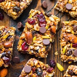 Chewy Trail Mix Peanut Butter Granola Bars on a wood background