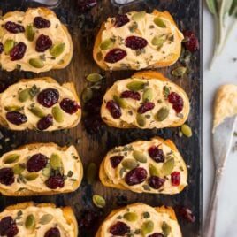 Pumpkin Goat Cheese Crostini. A perfect appetizer recipe for Thanksgiving, Christmas, and dinner parties!