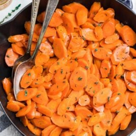 A skillet with easy sauteed carrots