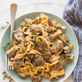 a plate of slow cooker beef stroganoff