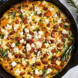 Sweet Potato Frittata with Ham, Caramelized Onions, and Feta. Whole30 and Paleo friendly, easy, and healthy!