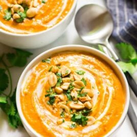 Healthy Thai Pumpkin Curry Soup with Coconut Milk. Easy vegan recipe that’s ready in 30 minutes! Creamy, comforting, and perfect for fast fall dinners.